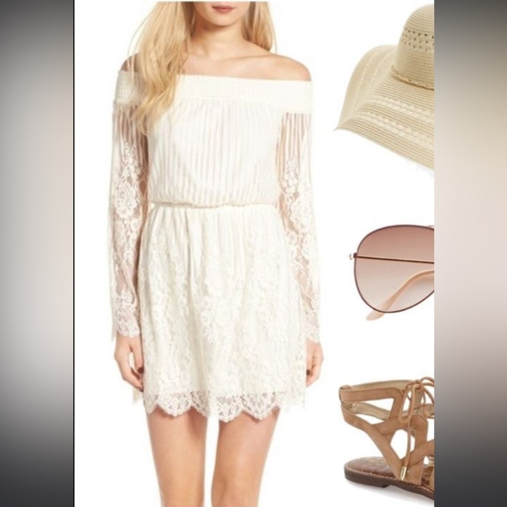 Trixxi ivory lace overlay off the shoulder long sleeve elastic waist dress Sz S